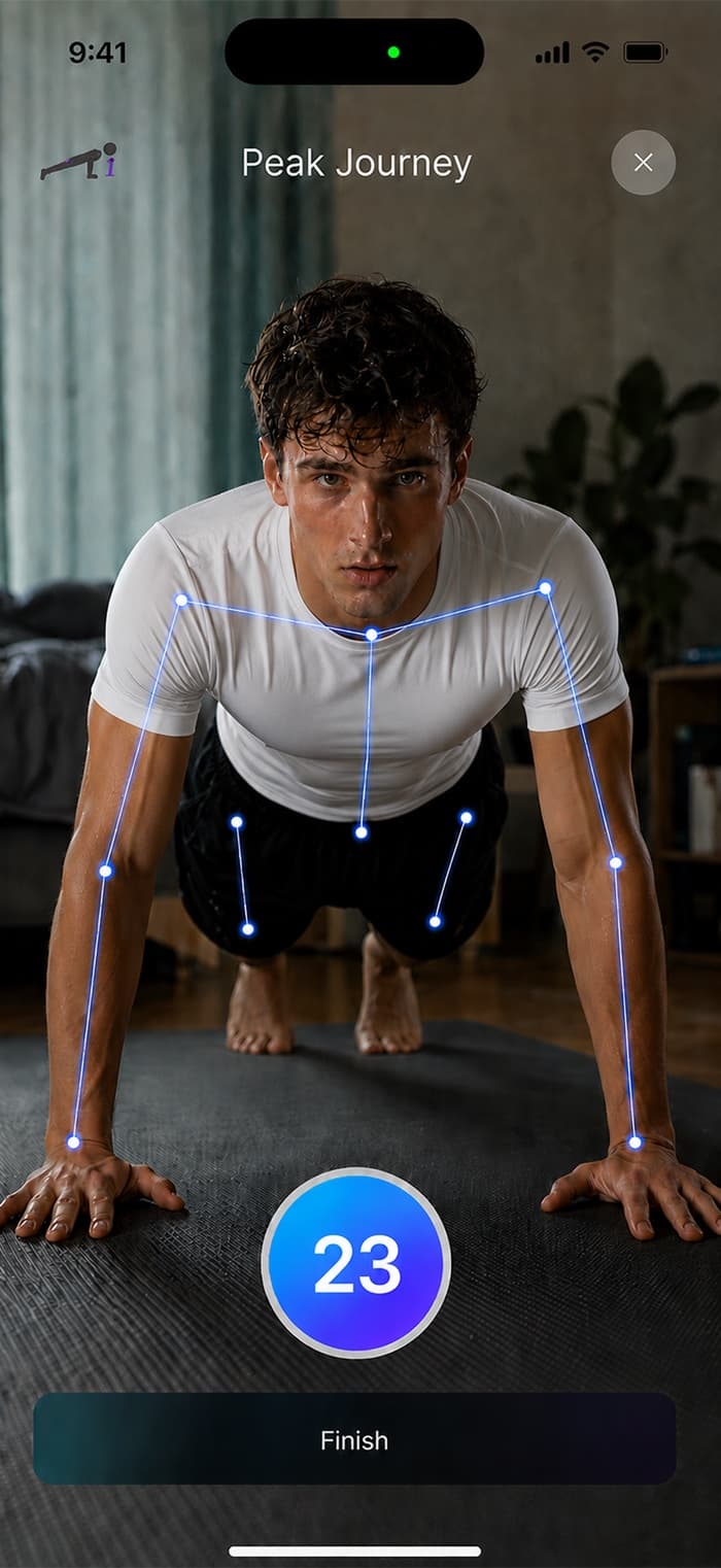 Peak Journey push-up tracker with pose skeleton and live rep count.